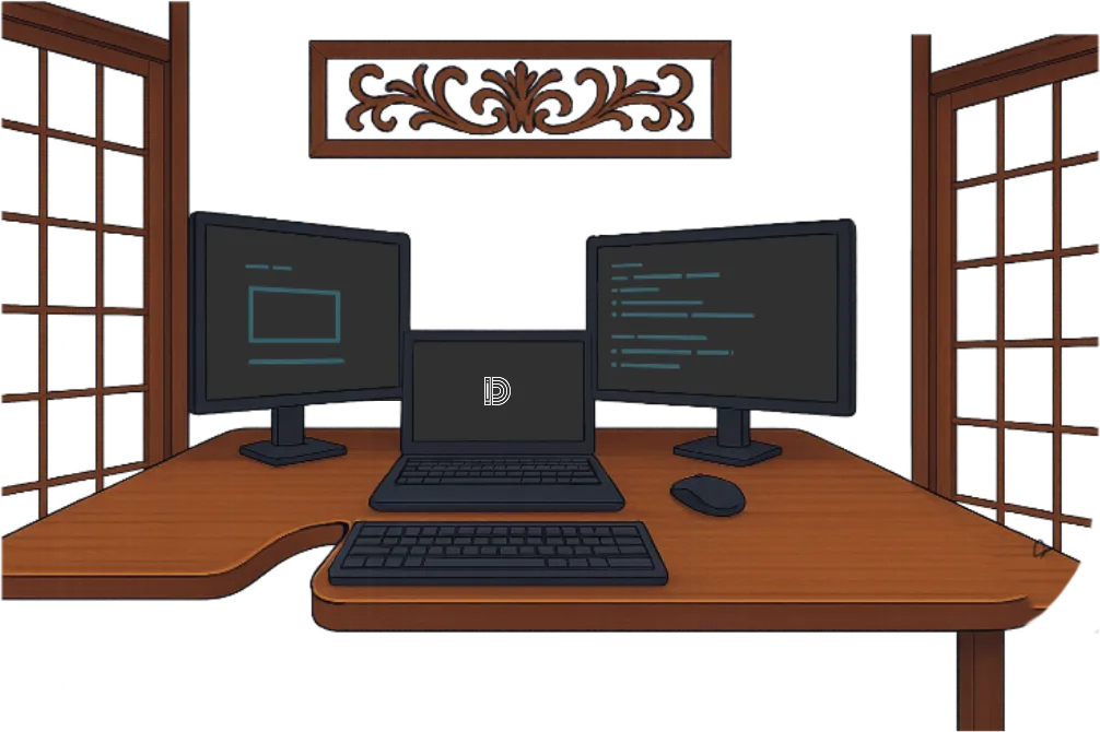 Desk with computers with a purple glow behind it