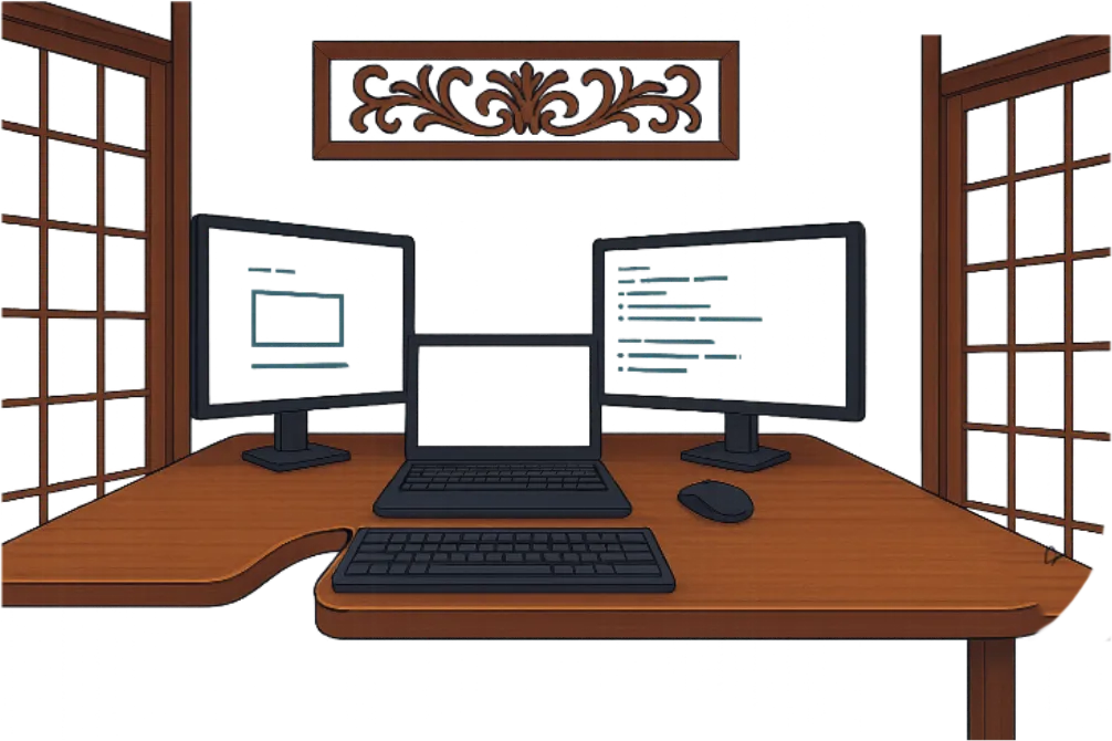 Desk with computers with a purple glow behind it