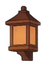 Hanging, lit orange lanturn with a glow in front of it