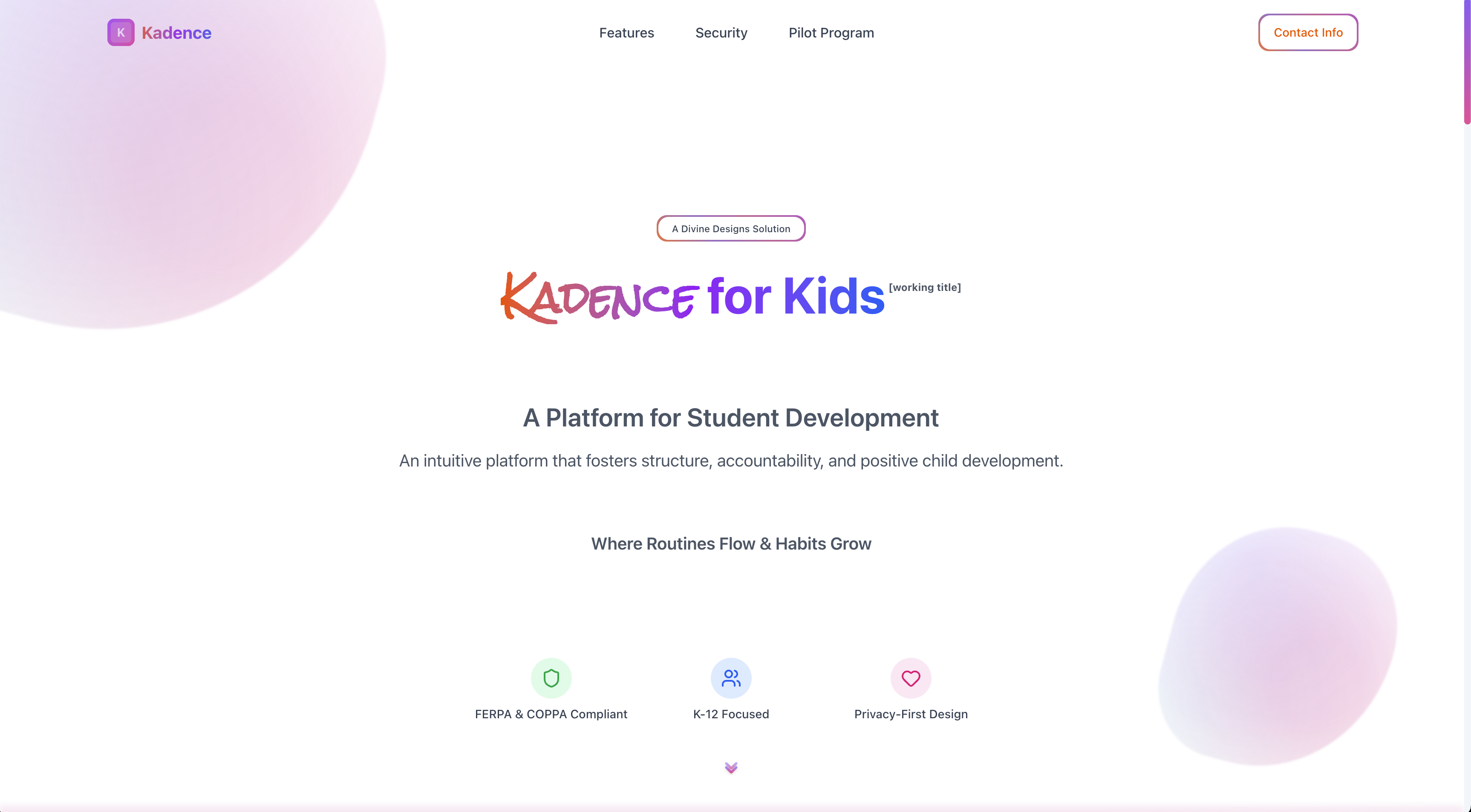 Screenshot of the Kadence for Kids site - www.kadence.divinedesigns.io