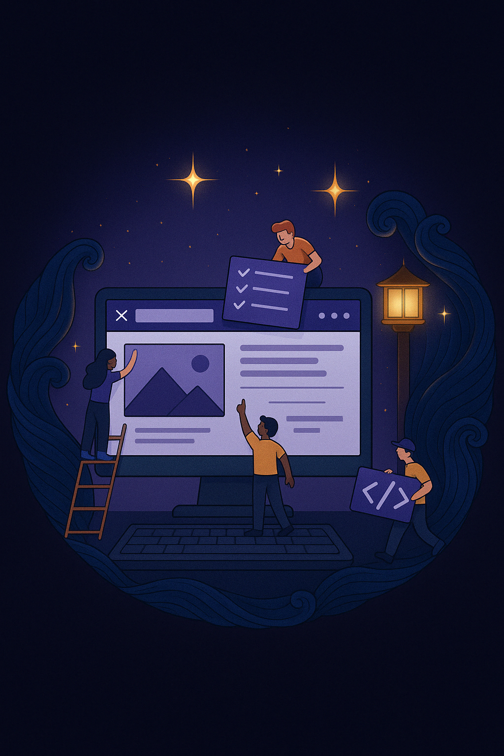 Image of tiny workers working through the night building a site on a computer screen.