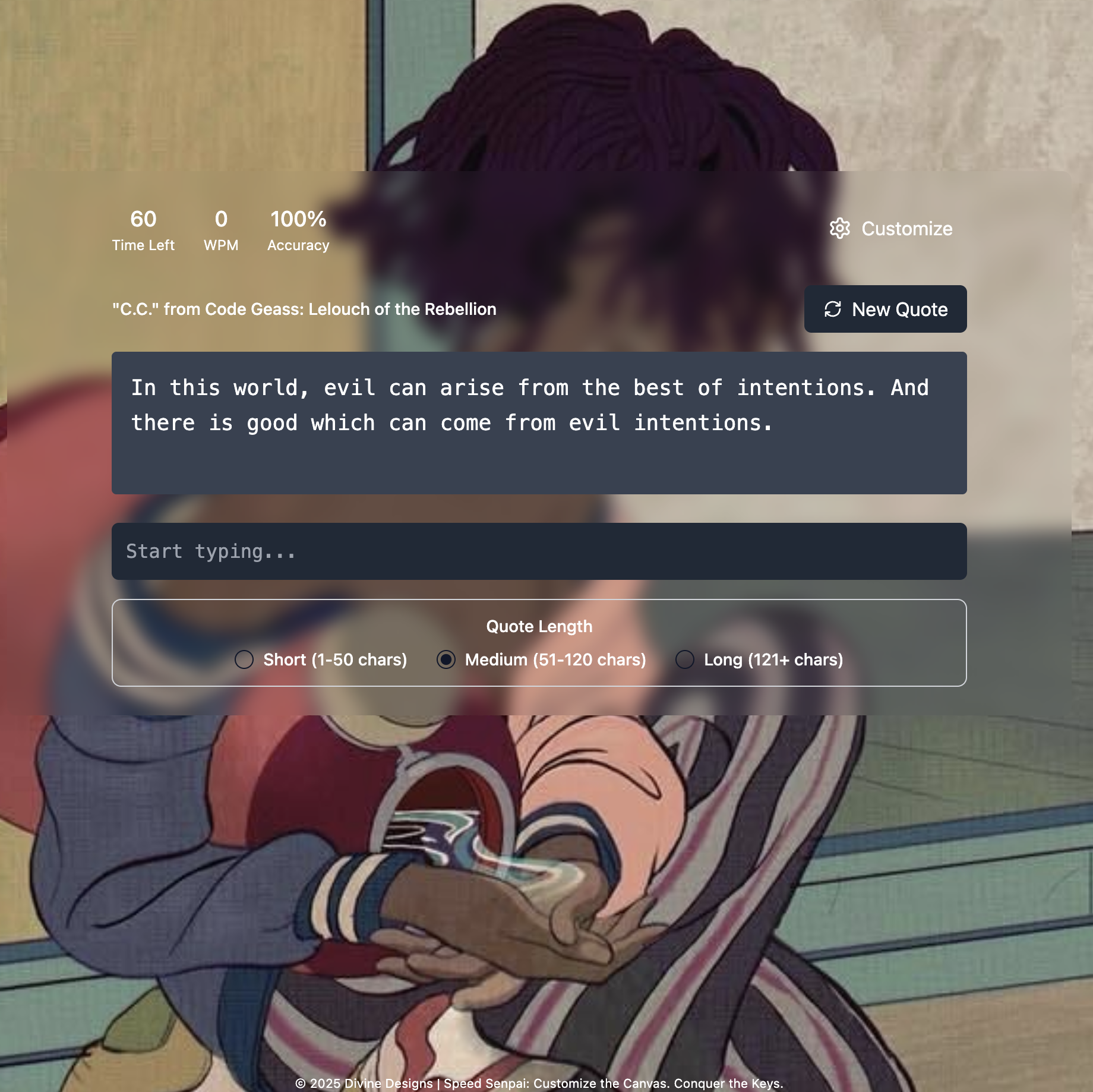 Screenshot of Speed Senpai Typing Test Site - www.speed-senpai.divinedesigns.io